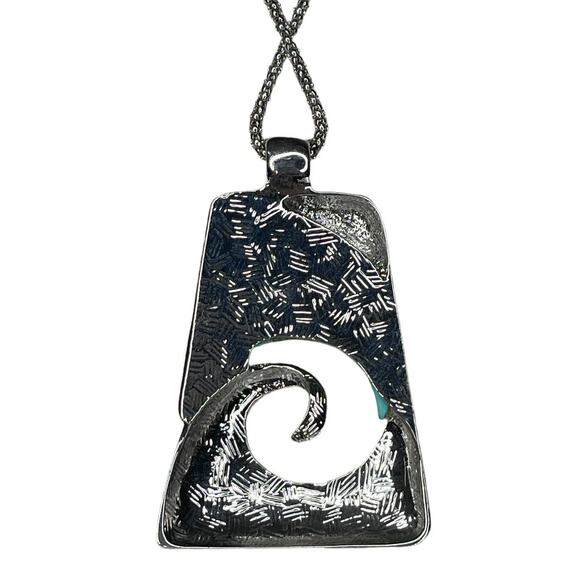 Wave Pendant Necklace Silver Tone and Teal - Picture 4 of 7